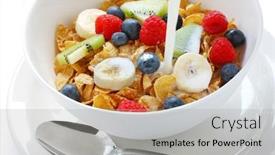  Presentation with breakfast cereal - Cool new slide deck with breakfast cereal cereal with fresh fruits pouring milk backdrop and a light gray colored foreground