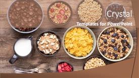  Presentation with breakfast - Slide set featuring breakfast cereals in bowls on rustic wooden table top view background and a coral colored foreground