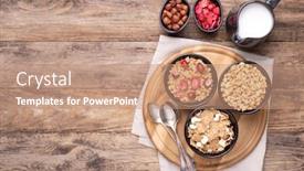  Presentation with milk - Amazing slide set having breakfast cereals in bowls with a jug of milk on rustic wooden table top view with copy space backdrop and a coral colored foreground