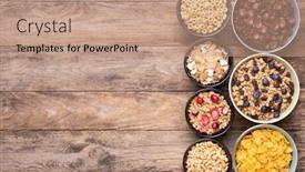  Presentation with breakfast - Colorful presentation design enhanced with breakfast cereals in bowls with on rustic wooden table top view with copy space backdrop and a coral colored foreground