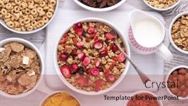  Presentation with breakfast - PPT theme having breakfast cereals in white bowls on white wooden table top view background and a red colored foreground