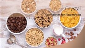  Presentation with breakfast - Cool new PPT theme with breakfast cereals in white bowls on white wooden table top view backdrop and a coral colored foreground