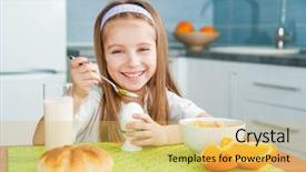  Presentation with safety in kitchen - Presentation design consisting of breakfast children - cute little girl eating egg background and a  colored foreground