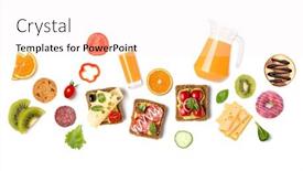  Presentation with orange juice - PPT theme enhanced with breakfast-concept-fruits-toasts-cheese background and a white colored foreground
