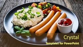  Presentation with breakfast - Slide set enhanced with breakfast-cottage-cheese-boiled-sausages background and a tawny brown colored foreground