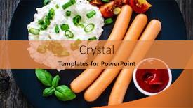  Presentation with sausages - Beautiful presentation theme featuring breakfast-cottage-cheese-boiled-sausages backdrop and a gold colored foreground