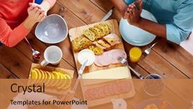  Presentation with breakfast - Audience pleasing presentation design consisting of breakfast family and religious concept backdrop and a coral colored foreground