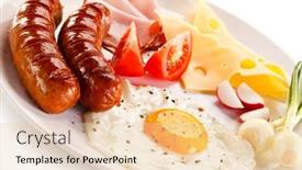 Presentation with sausages - PPT theme with breakfast - fried egg and sausages cheese ham and vegetables background and a lemonade colored foreground