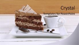  Presentation with hot chocolate - Slide deck having breakfast hot coffee mug and cream chocolate layer cake decorated with white chocolate slice and cream flower on white plate over wood background and a coral colored foreground