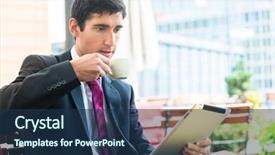  Presentation with information - Beautiful presentation theme featuring breakfast importance - young businessman reading information backdrop and a ocean colored foreground