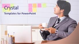  Presentation with employee - Beautiful slide deck featuring breakfast importance - young handsome employee working backdrop and a  colored foreground