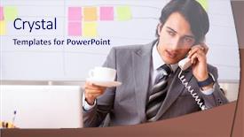  Presentation with employee working in industry - Slide set with breakfast importance - young handsome employee working background and a  colored foreground