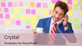  Presentation with young man on the phone - Colorful presentation theme enhanced with breakfast importance - young handsome man in conflicting backdrop and a  colored foreground