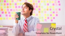  Presentation with young man on the phone - Slides enhanced with breakfast importance - young handsome man in conflicting background and a coral colored foreground