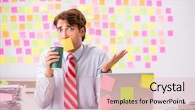  Presentation with young man holdng laptop on lap money - PPT layouts having breakfast importance - young handsome man in conflicting background and a coral colored foreground