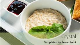  Presentation with breakfast sandwich - Presentation with breakfast in the cafe with oatmeal and sandwich background and a mint green colored foreground
