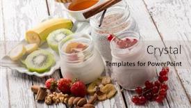  Presentation with yogurt - Slides enhanced with breakfast jar with mixed yogurt fruits and honey background and a coral colored foreground