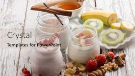 Presentation with yogurt - Audience pleasing theme consisting of breakfast jar with mixed yogurt fruits and honey backdrop and a mint green colored foreground