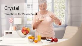  Presentation with healthy breakfast - Presentation design featuring breakfast pouring milk over cereal background and a lemonade colored foreground