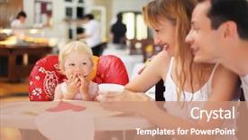  Presentation with restaurant family - PPT theme with breakfast restaurant - happy family with blond little background and a coral colored foreground