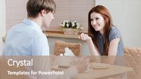  Presentation with man vs woman - Slide set consisting of breakfast restaurant - woman talks with man sitting background and a coral colored foreground