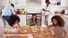  Presentation with teachers working around a table - Slide set having breakfast table using digital devices background and a coral colored foreground