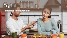  Presentation with movie theater loving couple - Amazing presentation design having breakfast using mobile phone quarrel backdrop and a violet colored foreground