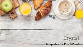  Presentation with empty of wood table top - Slide deck consisting of breakfast-with-coffee-orange-juice background and a light gray colored foreground