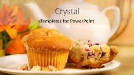  Presentation with cranberry juice - Presentation design consisting of breakfast with cranberry muffins teapot and orange juice on bamboo mat background and a lemonade colored foreground