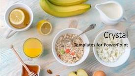  Presentation with organic tea - Presentation theme enhanced with breakfast with oatmeal and fruit background and a mint green colored foreground