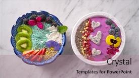  Presentation with green algae smoothie spirulina - Presentation enhanced with breakfast with seeds and berries background and a coral colored foreground