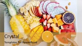  Presentation with tropical fruit - Beautiful theme featuring breakfast woman hands taking watermelon backdrop and a gold colored foreground