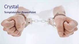  Presentation with handcuffed - Beautiful PPT theme featuring breaking chain - close up handcuffed hands backdrop and a sky blue colored foreground