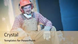  Presentation with vintage interior brick wall - Cool new presentation design with breaking interior wall worker portrait backdrop and a lemonade colored foreground