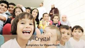  Presentation with school children - PPT theme featuring breakout - crowd of children different ages background and a coral colored foreground