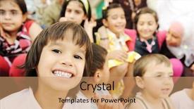  Presentation with children grow - PPT theme with breakout - large group crowd lot background and a coral colored foreground