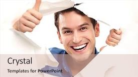  Presentation with paper - PPT theme having breakthrough - man with thumbs up peeping background and a soft green colored foreground