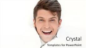  Presentation with paper - Cool new presentation theme with breakthrough - smiling businessman breaks backdrop and a cream colored foreground