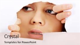  Presentation with teenage - PPT layouts featuring breakthrough - teenage woman peeping through hole background and a coral colored foreground