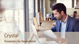  Presentation with pen laptop coffee cup clips - Cool new slide set with breaktime - businessman by window working backdrop and a  colored foreground