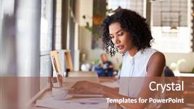  Presentation with pen laptop coffee cup clips - Audience pleasing presentation design consisting of breaktime - businesswoman by window working backdrop and a  colored foreground