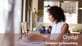  Presentation with coffee shop - Presentation featuring breaktime - businesswoman by window working background and a  colored foreground