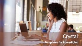  Presentation with coffee shop - Presentation design with breaktime - businesswoman using phone whilst working background and a tawny brown colored foreground