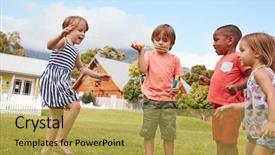 Presentation with children playing - Audience pleasing theme consisting of breaktime - children at montessori school playing backdrop and a yellow colored foreground