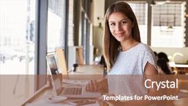  Presentation with college coffee shop - Presentation theme with breaktime - portrait of businesswoman working background and a  colored foreground