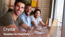  Presentation with coffee shop - Amazing presentation having breaktime - portrait of three male friends backdrop and a  colored foreground