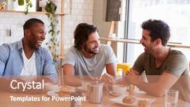  Presentation with coffee shop - Presentation theme featuring breaktime - three male friends meeting background and a  colored foreground