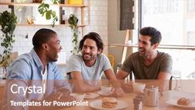 Presentation with banquet meeting - Presentation featuring breaktime - three male friends meeting background and a coral colored foreground