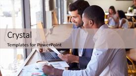  Presentation with coffee shop - Colorful presentation theme enhanced with breaktime - two businessmen having informal meeting backdrop and a soft green colored foreground