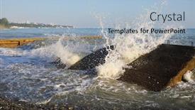  Presentation with sea shore - PPT theme with breakwater and splashes on wave in sea shore at sunny summer day background and a light blue colored foreground